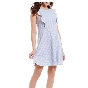Draper James Linen Blend Embroidered Eyelet Blue White Pinafore Ruffle Dress 12‎